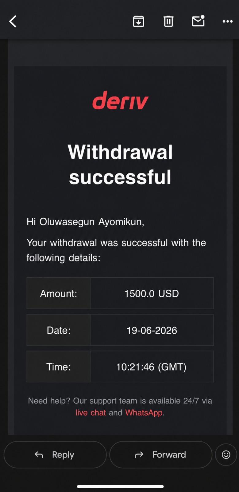 withdrawal successful — 1,500 USD